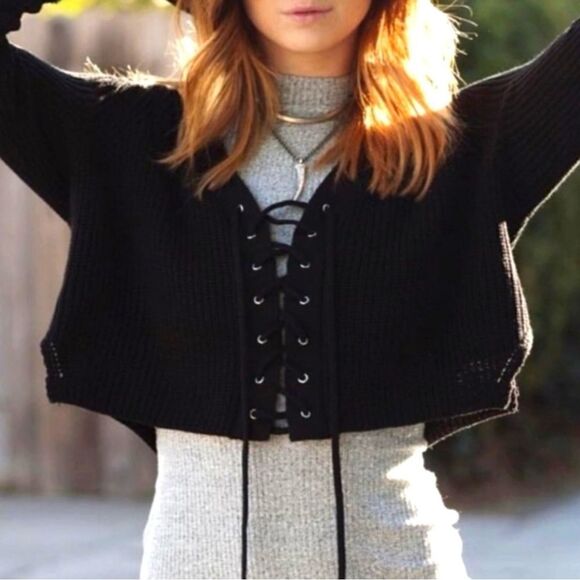 LF Millau Black Cropped Lace Up Sweater - Picture 1 of 3